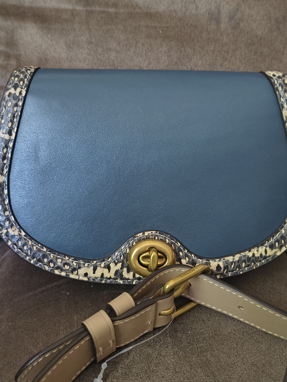 Coach Blue Leather Saddle Bag with Snake-Print Trim